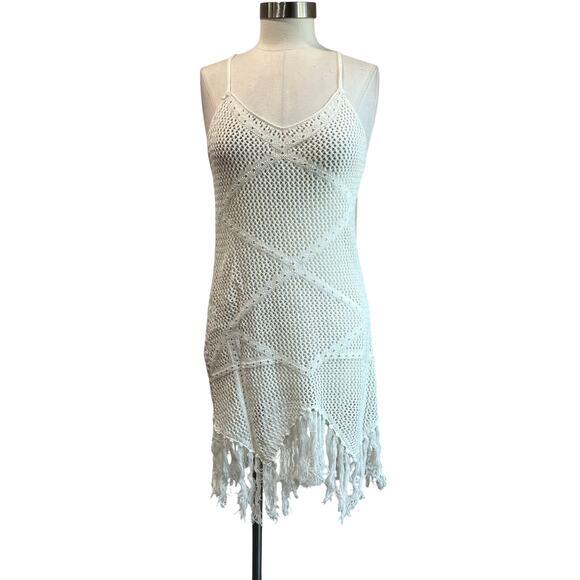 Endless Blu White Crochet Fringe Cover Up Boho Festival Beach Dress Size L - Picture 2 of 10